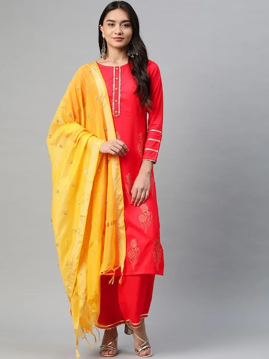 Women Red Floral Regular Pure Cotton Kurta With Palazzos & With Dupatta