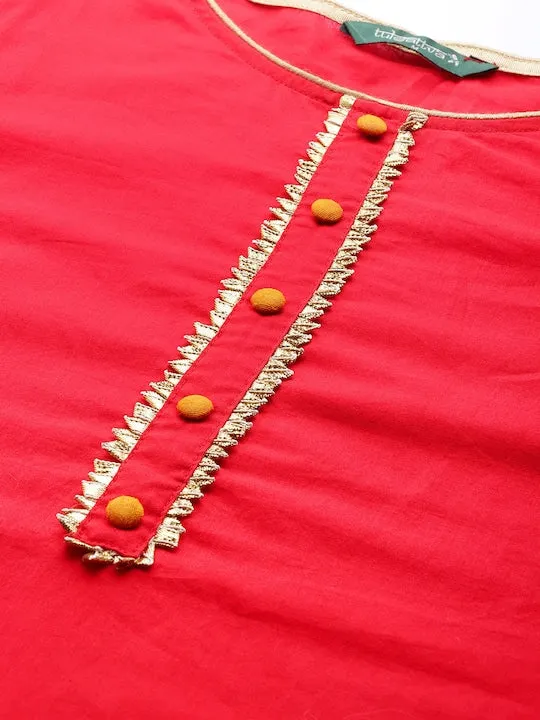 Women Red Floral Regular Pure Cotton Kurta With Palazzos & With Dupatta