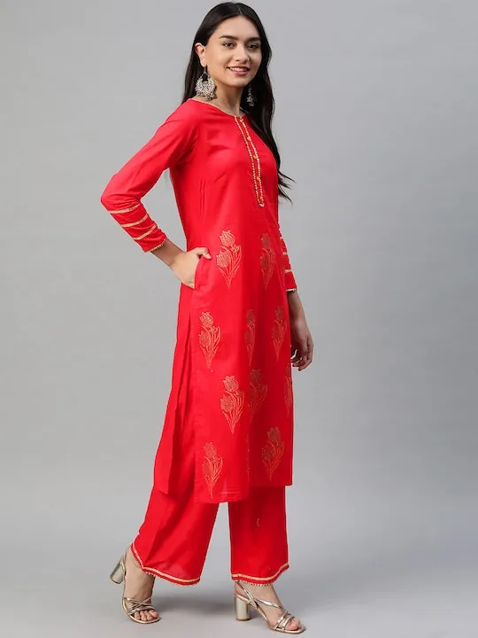 Women Red Floral Regular Pure Cotton Kurta With Palazzos & With Dupatta