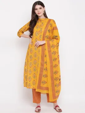 Women Yellow Cotton Kurta With Palazzo & Dupatta (3Pcs Set)
