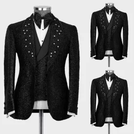 xiangtuibao Sparkling Black Men Suit 2 Pieces Business Blazer Pants One Button Sequins Pearls Wedding Groom Work Wear Party Causal Tailored